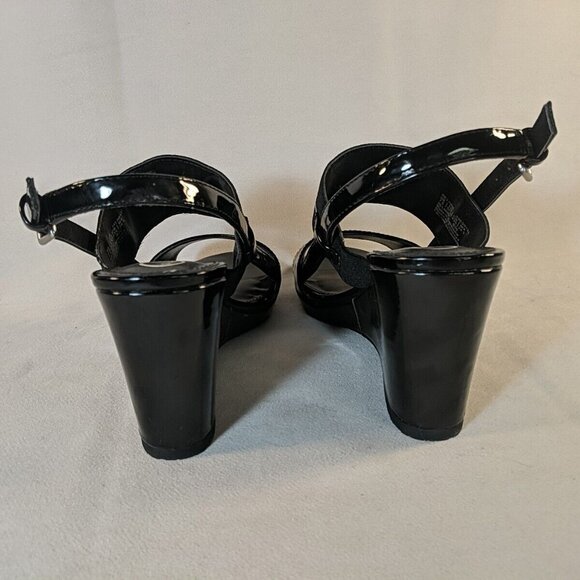 Calvin Klein BETHAN Black Strap Logo Heels 7.5 Black Wedge Patent 34E09131 Sling - Picture 10 of 12